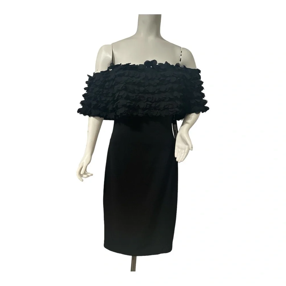NWT BADGLEY MISCHKA Off-The-Shoulder Petal Black Dress $595 Size 2 - Picture 2 of 5